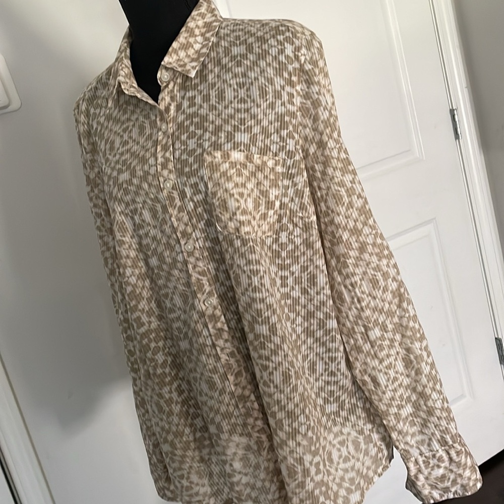 Kim Rogers Top Blouse Size XL Brown Cream Print Fabric All Cotton
